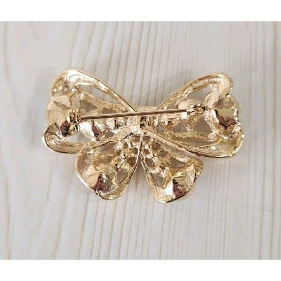 Gold Tone Rhinestone Faux Crystal Bow Shaped Brooch Lapel Pin Iridescent - Picture 2 of 2